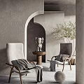 Neutral Tones Lounge Chairs With Throw Blankets Arched Doorway Potted Plant And Round Side Table