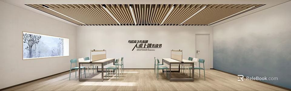 School Classroom Interior With Wooden Ceiling Bright Lighting Desks Partitions And Chairs 3d model 