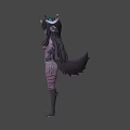 Purple Skinned Game Movie Character With Horns Long Black Hair Striped Body On Yellow Background