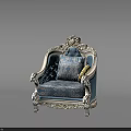 Elegant Single Sofa With Carved White Frame And Blue Patterned Fabric Cushions 3d model