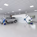 Modern Car Showroom Display With White Volkswagen EV Gray Car Blue Balloons And Decorations