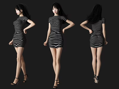 Woman in Black and White Striped Dress with Black High Heels Three Angles 3d model