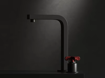 Black Kitchen Faucet with Red Knobs Modern Sleek Design on Dark Background 3d model