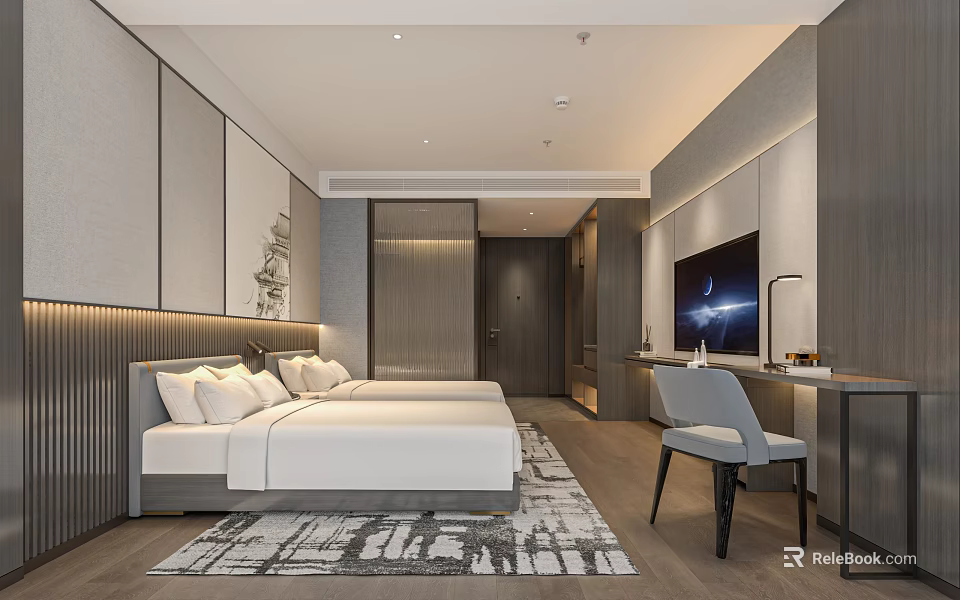 Elegant Hotel Guest Room With Double Bed Flat Screen TV Writing Desk And Accent Chair 3d model 