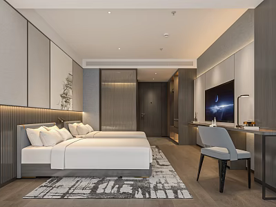 Elegant Hotel Guest Room With Double Bed Flat Screen TV Writing Desk And Accent Chair 3d model