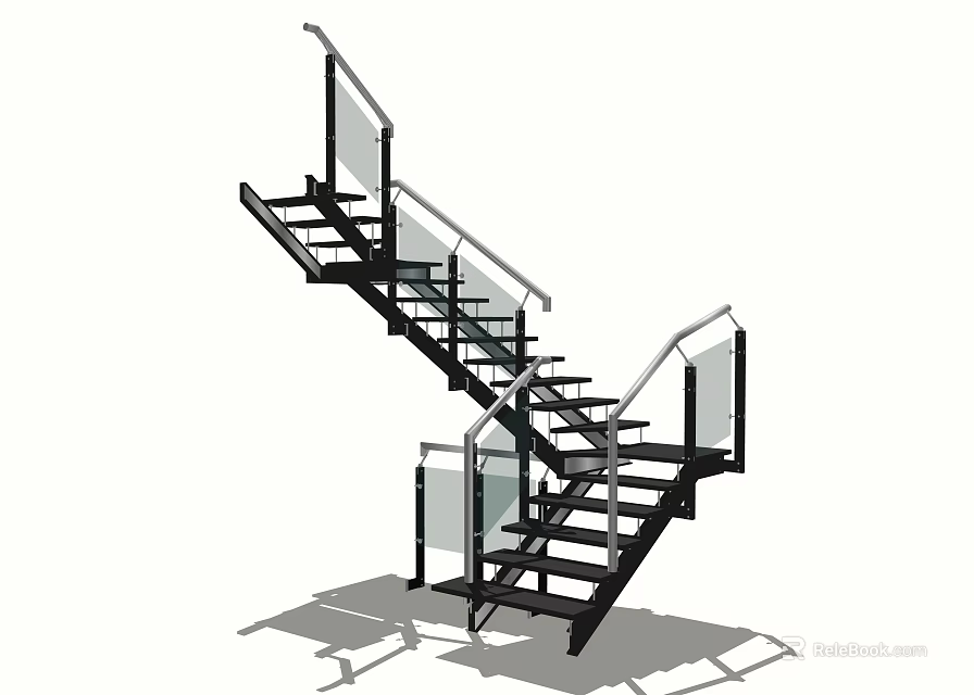Modern Staircase Design Featuring Black Steps Glass Railings And Metal Structure 3d model 