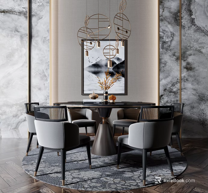 Elegant Modern Dining Table Set With Round Top Chairs Pendant Lights And Artwork 3d model 