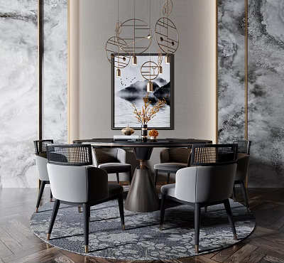 Elegant Modern Dining Table Set With Round Top Chairs Pendant Lights And Artwork 3d model