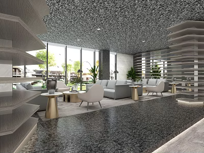 Modern Leisure Area Interior Design With Sofa Chairs Coffee Tables Large Windows And Plants 3d model