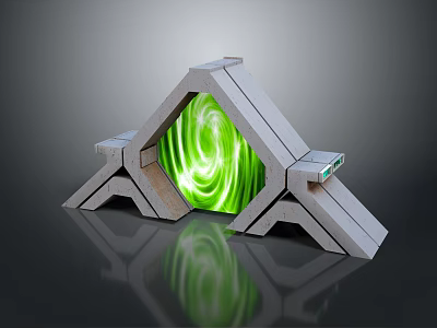 Futuristic Geometric Portal Structure Featuring Green Vortex Core And Metallic Support Frames 3d model