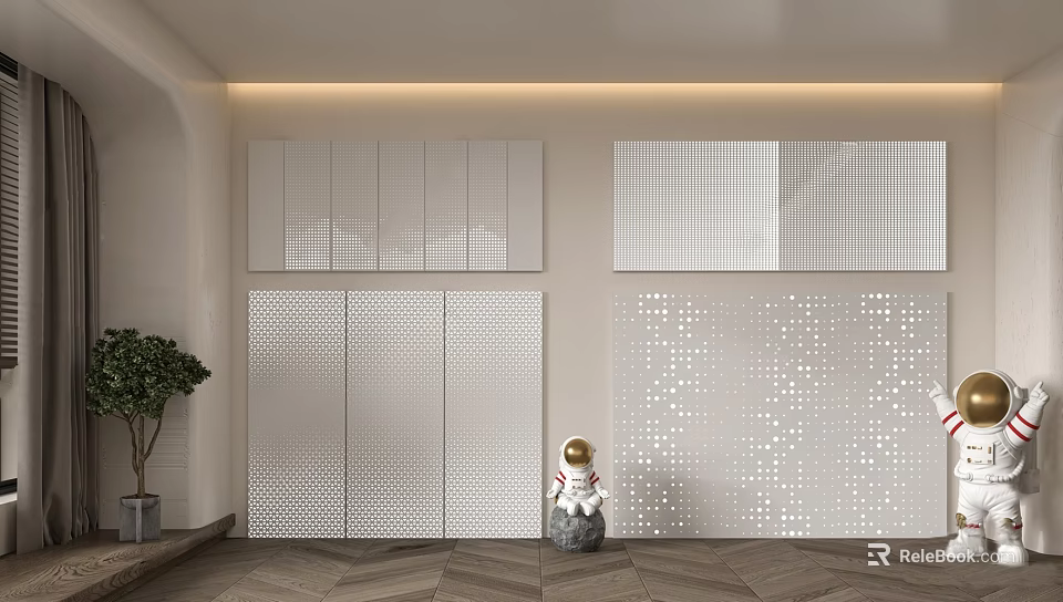 Elegant Modern Interior Decor With White Laser Cut Screens Plants And Ornaments 3d model