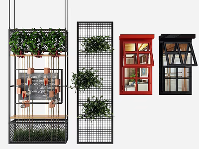 Modern Decorative Room Dividers With Grid Design Green Plants And Window Style 3d model