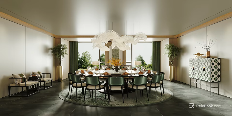 Elegant Private Dining Room With Round Dining Table Green Chairs Chandelier Plants And Greenery View 3d model 