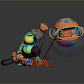 Colorful Mechanical Fantasy Scene With Green Frog Orange Device And Rainbow Colored Bubble On Grass