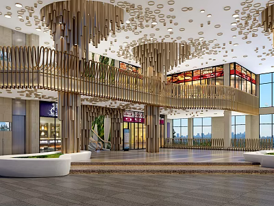 Spacious Shopping Mall Lobby With Multi Level Wooden Structures And Bright Lighting 3d model