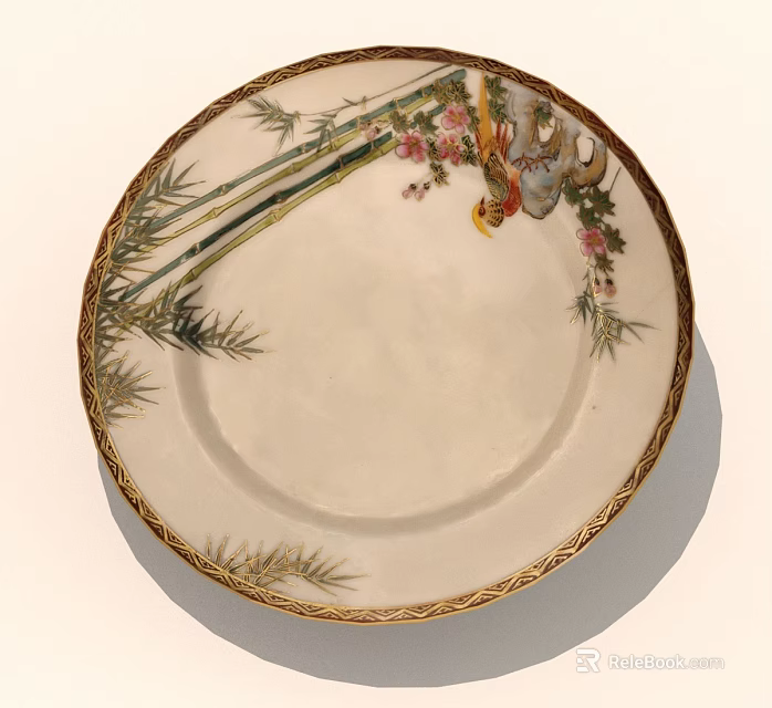 Decorative Ceramic Plate With Bamboo Flowers And Bird Design Gold Trim 3d model 
