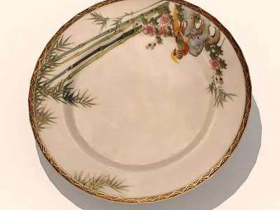 Decorative Ceramic Plate With Bamboo Flowers And Bird Design Gold Trim 3d model