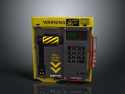 Yellow Black Striped Safety Hardware Tool with Warning Sign Pull Down Arrow and Control Panel 3d model