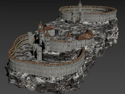 Medieval Ancient Castle Architecture On Rocky Terrain With Fortress Walls Towers And Pointed Roofs 3d model