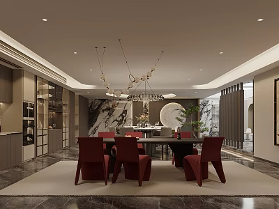 Modern Basement Interior Design With Dining Table Red Chairs Chandelier And Decorative Rug 3d model