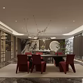 Modern Basement Interior Design With Dining Table Red Chairs Chandelier And Decorative Rug