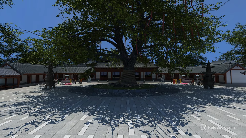 Ancient Architectural Courtyard With Large Ancient Tree Stone Steles And Stone Pavement 3d model 