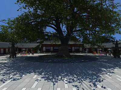 Ancient Architectural Courtyard With Large Ancient Tree Stone Steles And Stone Pavement 3d model