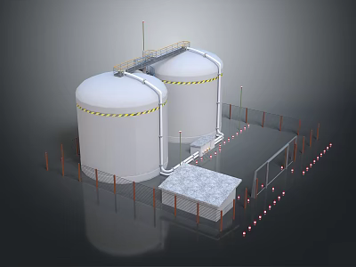 Industrial Storage Tanks With Yellow Warning Stripes Surrounding Fencing And Connected Pipes 3d model