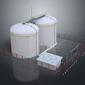 Industrial Storage Tanks With Yellow Warning Stripes Surrounding Fencing And Connected Pipes 3d model