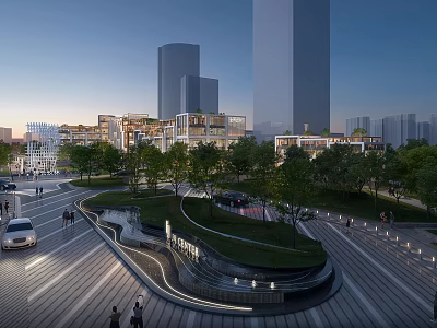 Modern Hotel Building In Urban Plaza With Park Trees Pedestrians And Skyscrapers 3d model