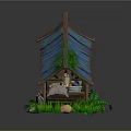 Vintage Wooden Cart Furniture with Blue Plank Roof Green Plants Ferns and Small Decorations