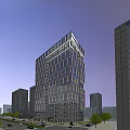 Modern Office Building Exterior With Glass Curtain Wall And Illuminated Lighting In Twilight Sky