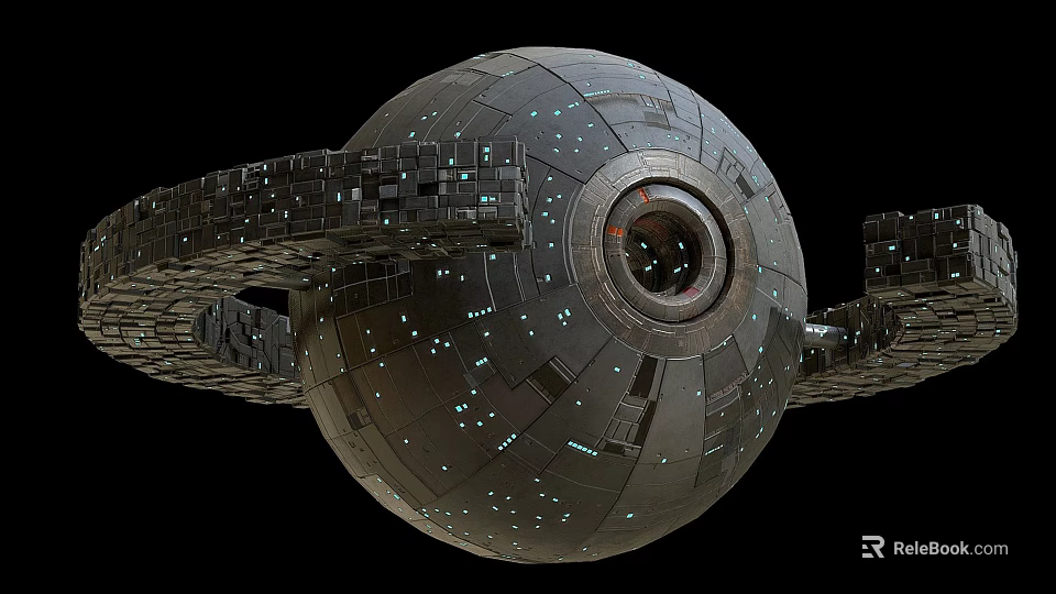 Spherical Metallic Space Station With Ring Structure And Illuminated Surface Details 3d model 