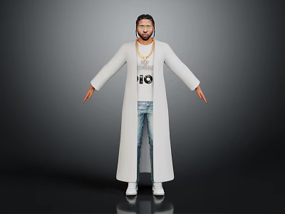 Man in White Long Coat Jeans with Gold Necklace Standing Against Dark Background 3d model