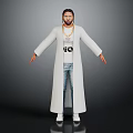 Man in White Long Coat Jeans with Gold Necklace Standing Against Dark Background