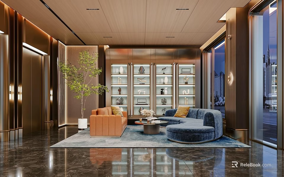 Modern Lounge Area Interior Design With Orange Sofa Blue Curved Sofa And Glass Display Shelves 3d model 