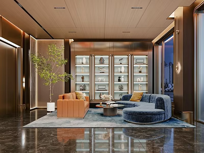Modern Lounge Area Interior Design With Orange Sofa Blue Curved Sofa And Glass Display Shelves 3d model