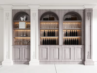 Elegant Wooden Wine Cabinet With Arched Shelves And Glassware Storage Design 3d model