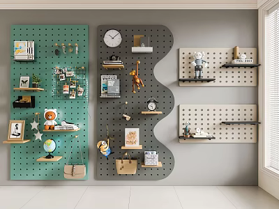 Modern Wall Decor With Colorful Pegboards Wooden Shelves Clock Globe And Books 3d model