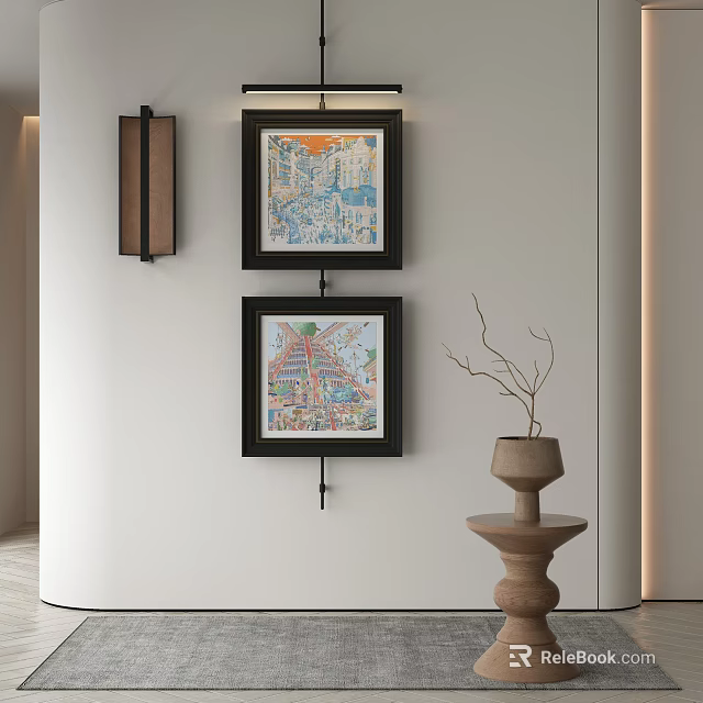 Abstract Paintings On Wall With Modern Interior Decor And Decorative Vase 3d model