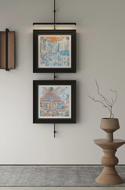 Abstract Paintings On Wall With Modern Interior Decor And Decorative Vase 3d model