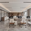 Modern Office Interior Design With Desk Chairs Bookshelves Sofa Marble Coffee Table And Plants