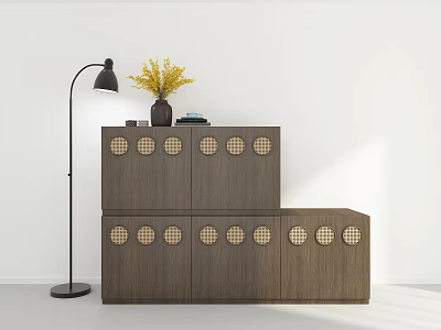 Modern Wooden Entryway Cabinet And Side Cabinet With Circular Accents Floor Lamp And Books 3d model