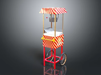 Classic Popcorn Cart With Red And White Striped Awning Yellow Handle And Wheels 3d model