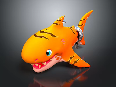 Orange Shark Cartoon Toy With Black Stripes Blue Eyes Open Mouth Sharp Teeth Silver Collar 3d model