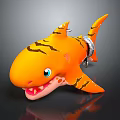 Orange Shark Cartoon Toy With Black Stripes Blue Eyes Open Mouth Sharp Teeth Silver Collar