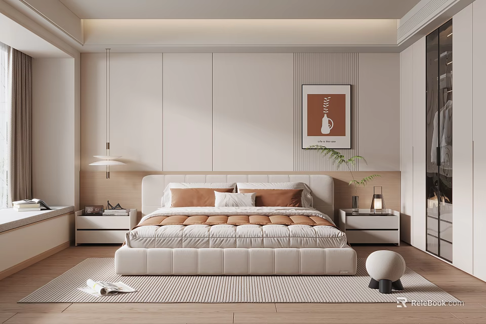 Modern Bedroom Interior Design With Soft Upholstered Bed Nightstands Striped Wall And Artwork 3d model 