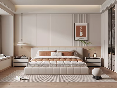 Modern Bedroom Interior Design With Soft Upholstered Bed Nightstands Striped Wall And Artwork 3d model