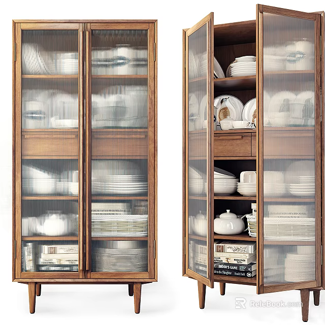 Wooden Sideboard With Glass Doors And Storage Shelves For Dishes And Bowls 3d model 