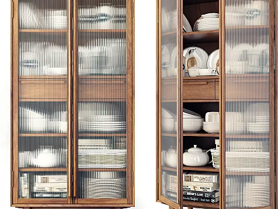Wooden Sideboard With Glass Doors And Storage Shelves For Dishes And Bowls 3d model
